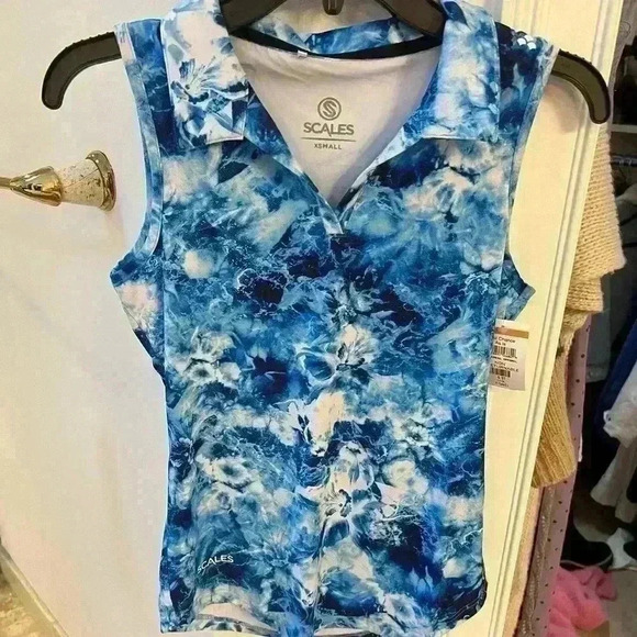 NEW SCALES Coral Reef Sleeveless Polo Shirt White/Blue - Picture 1 of 2